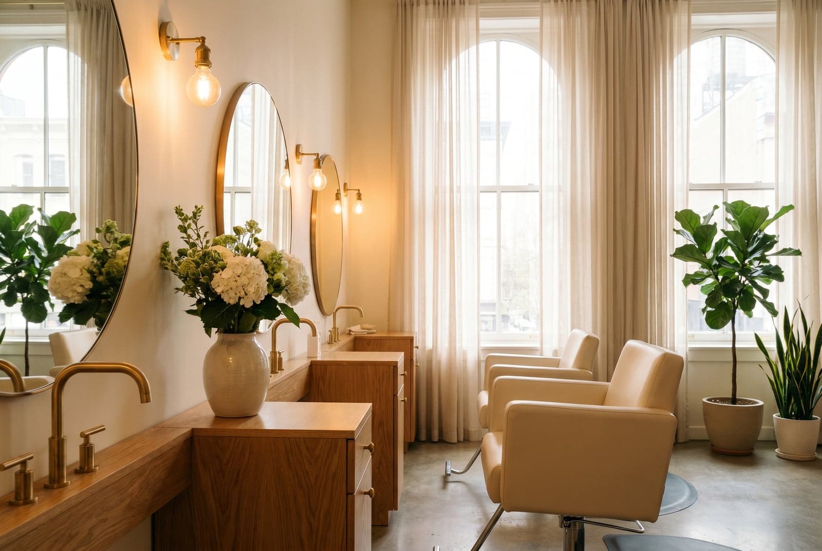 Inside House of Excellence 201 — a warm, light-filled salon with oak stations and big windows